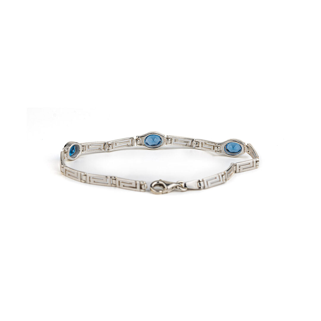 Greek Key Link Bracelet with Blue Zircon – 925 Sterling Silver — Blue