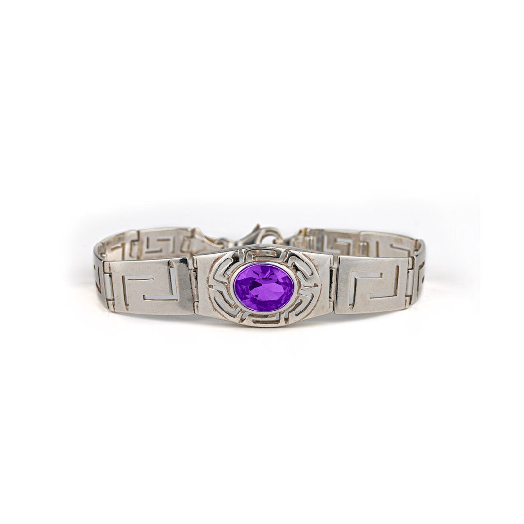 Greek Key Meander Bracelet with Zircon – 925 Sterling Silver — Purple