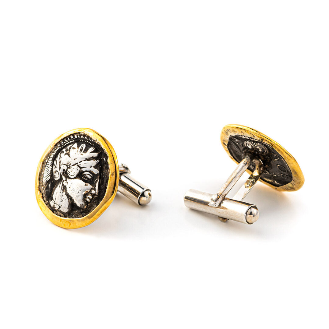 Greek Goddess Athena Coin Cufflinks – 14K Gold and 925 Sterling Silver