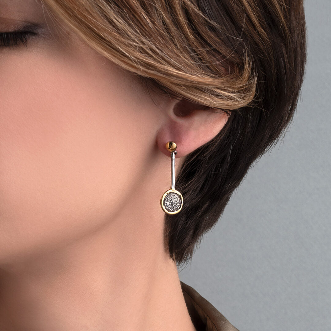 Phaistos Disc Dangle Earrings - 14K Gold and Sterling Silver