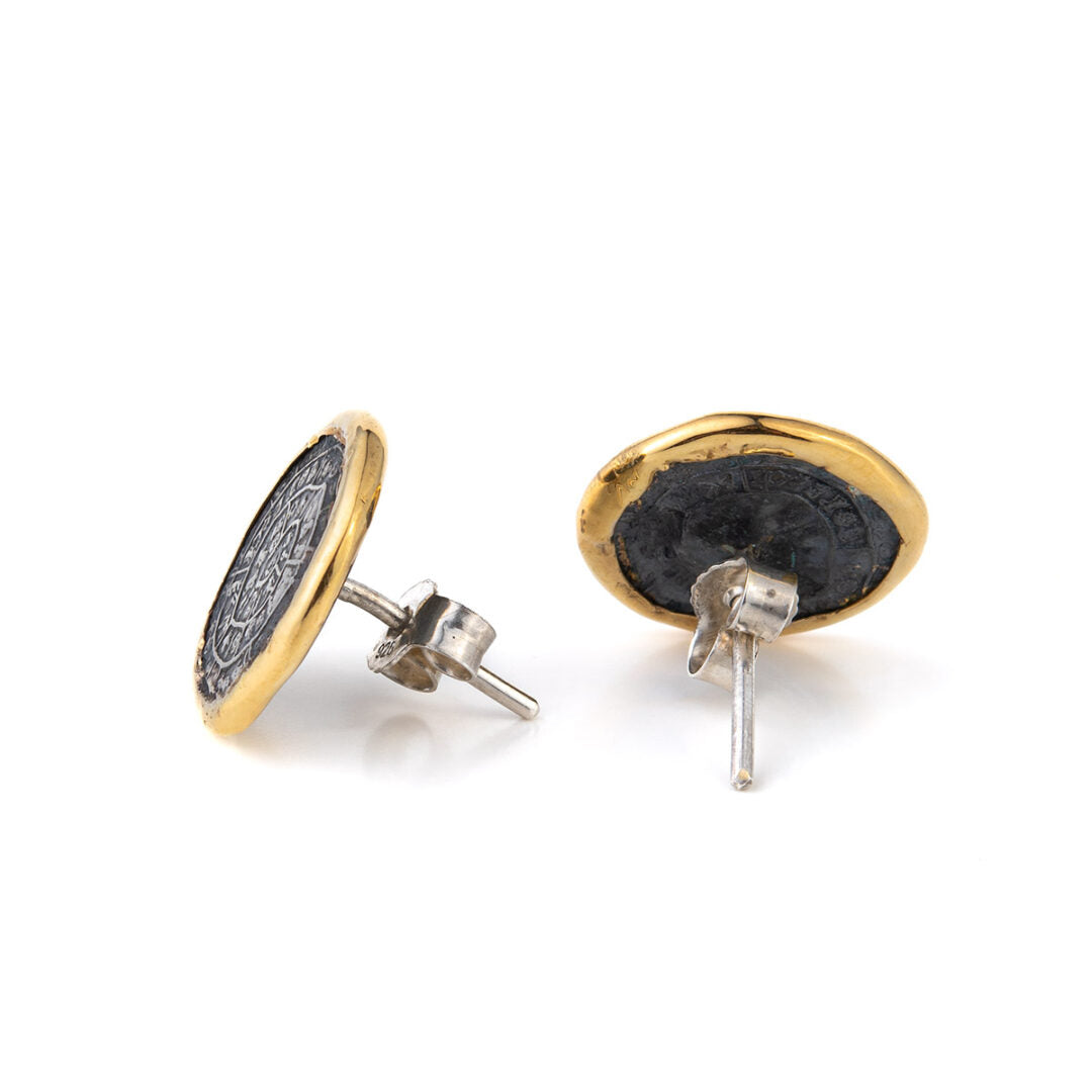 Phaistos Disc Stud Earrings - 14K Gold and Sterling Silver
