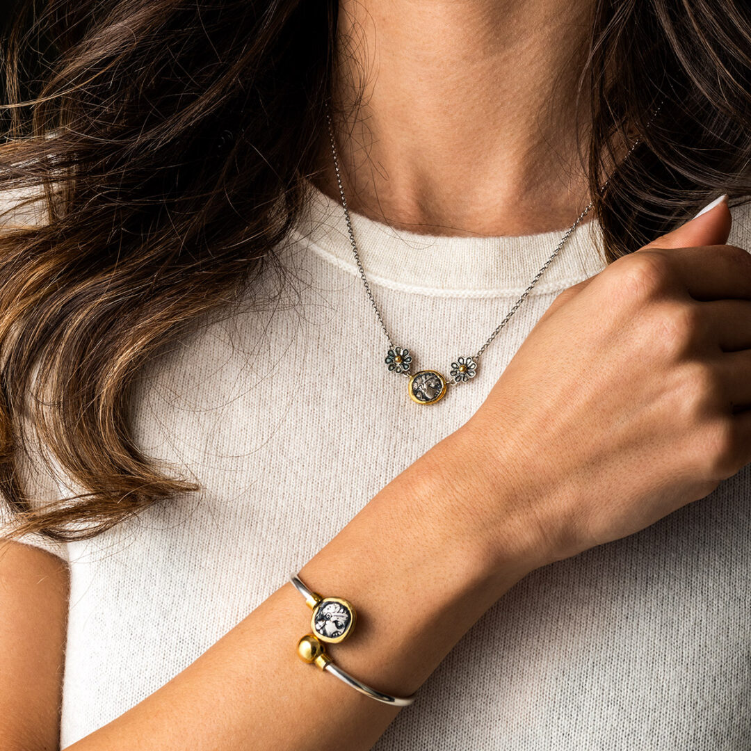 Athena Goddess Necklace with Rosettes - 14 K Gold and Sterling Silver