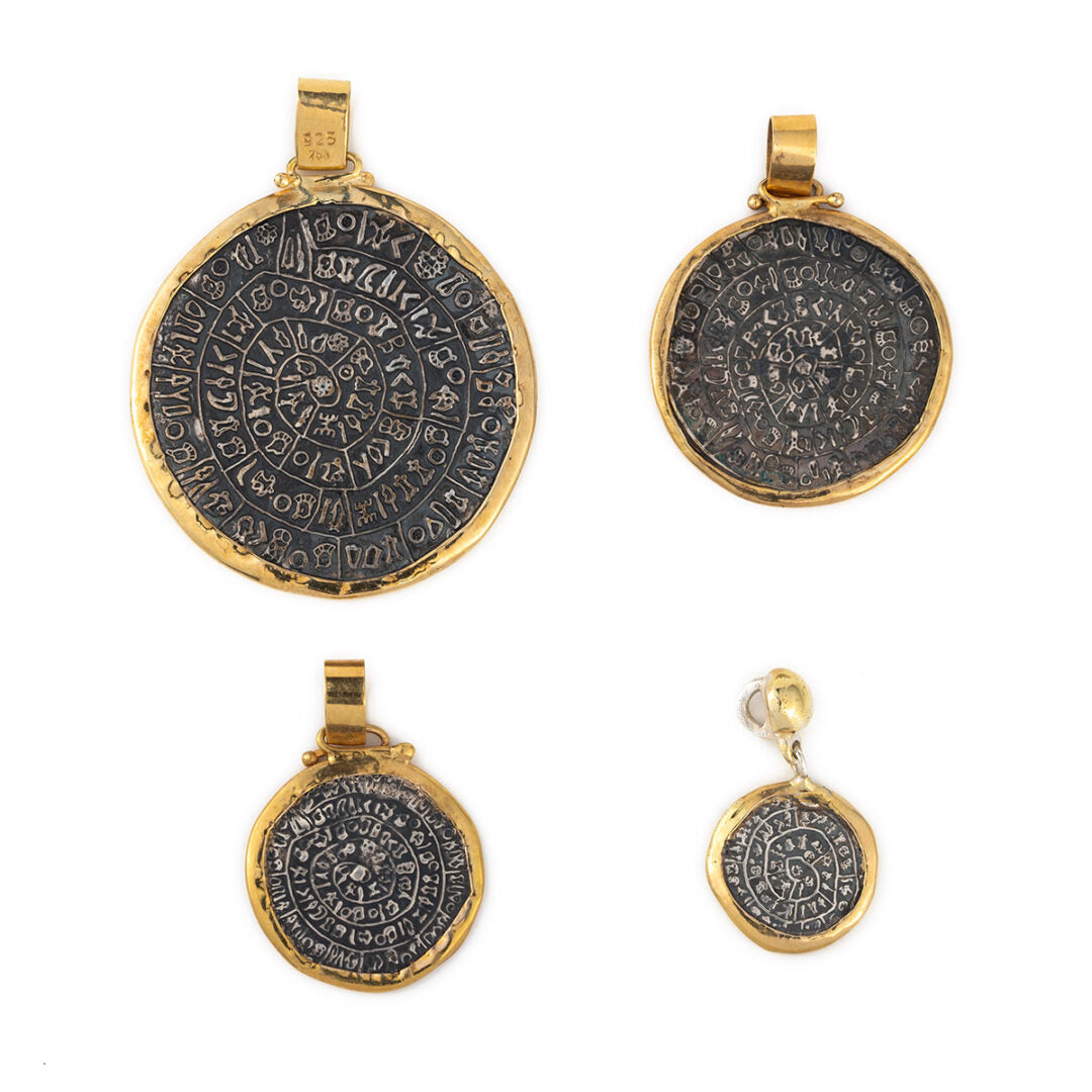 Minoan Phaistos Disc Pendant - 14k Gold and Sterling Silver