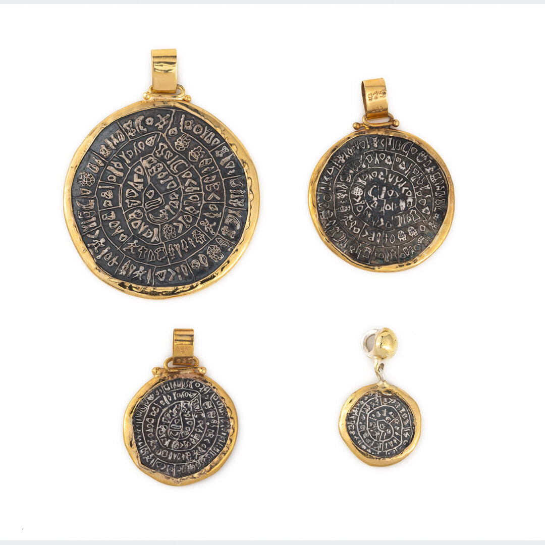 Minoan Phaistos Disc Pendant - 14k Gold and Sterling Silver