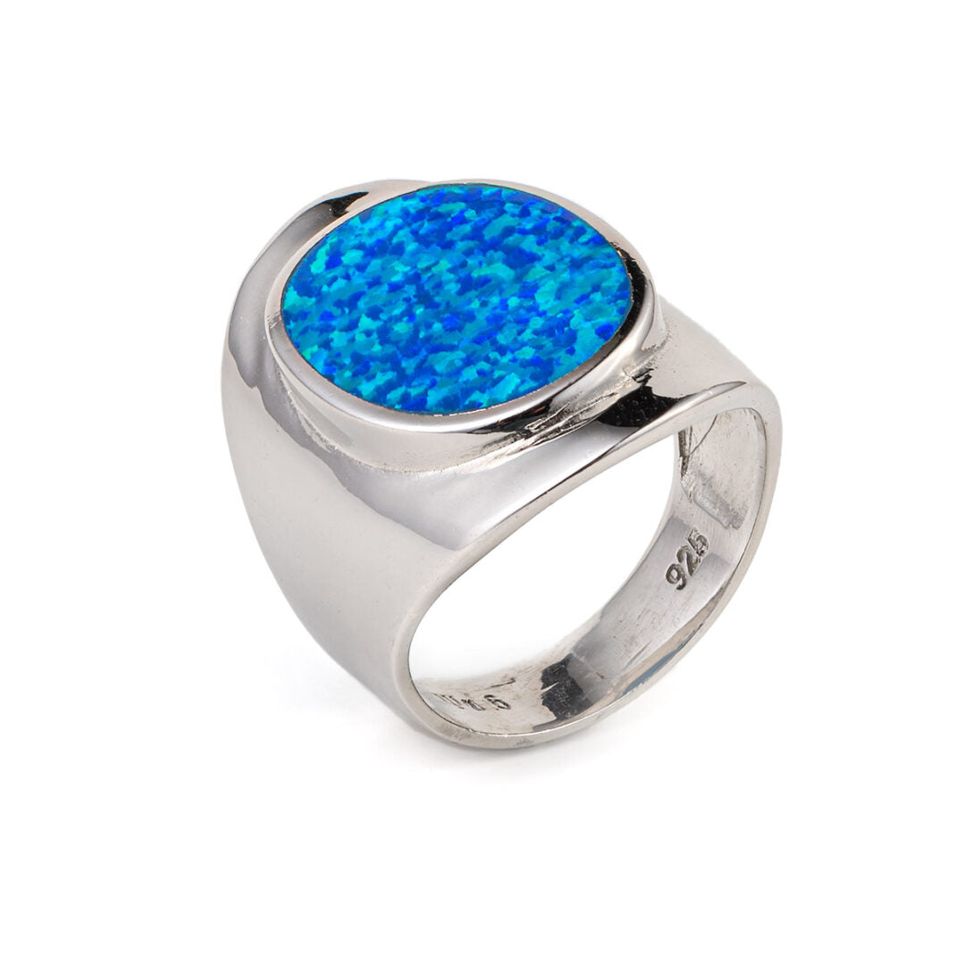 Round Blue Opal Ring - 925 Sterling Silver