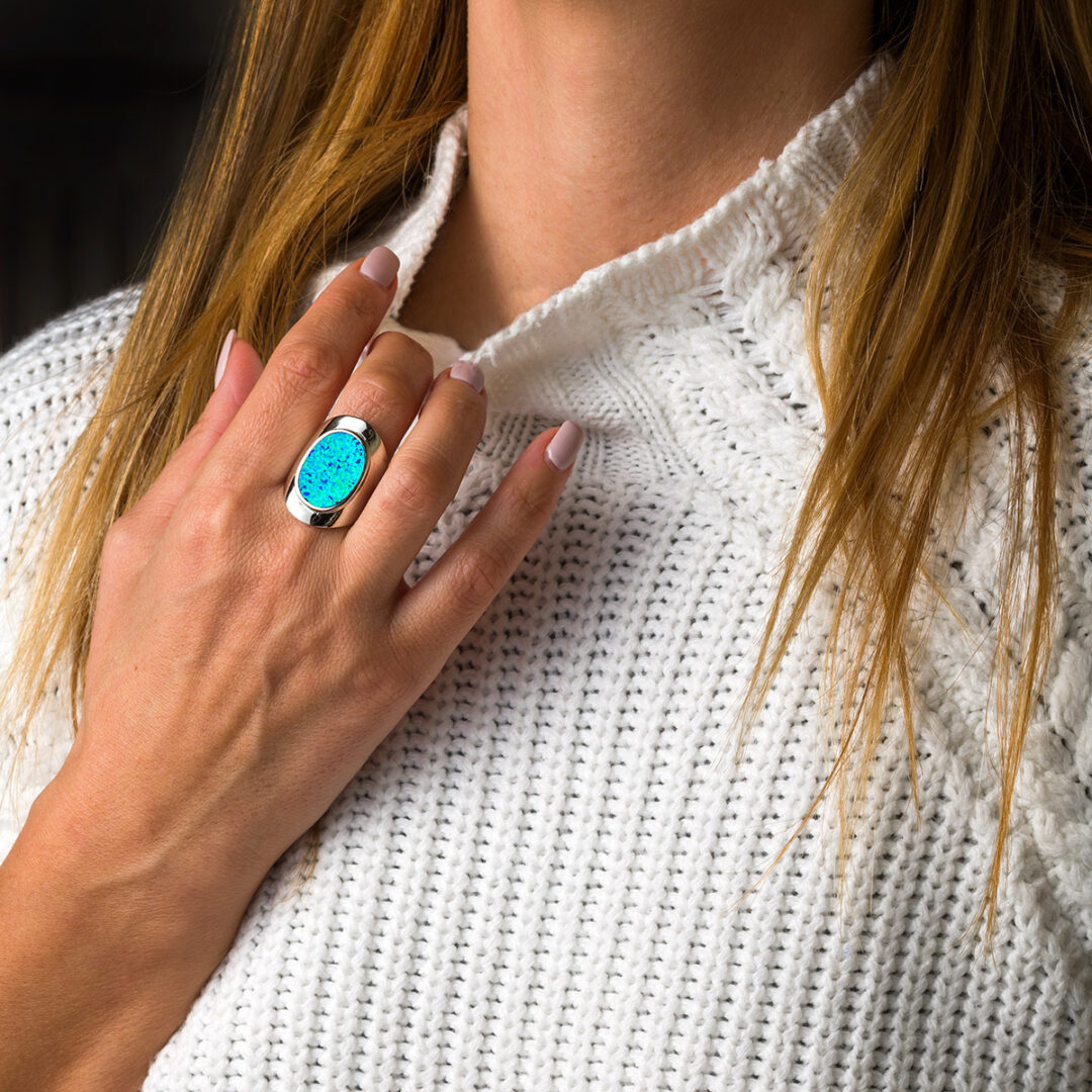 Round Blue Opal Ring - 925 Sterling Silver