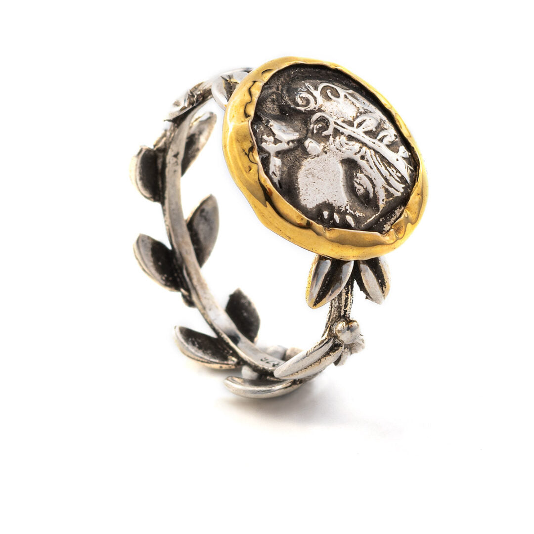 Goddess Athena Coin Ring with Leaves - 14K Gold and 925 Sterling Silver