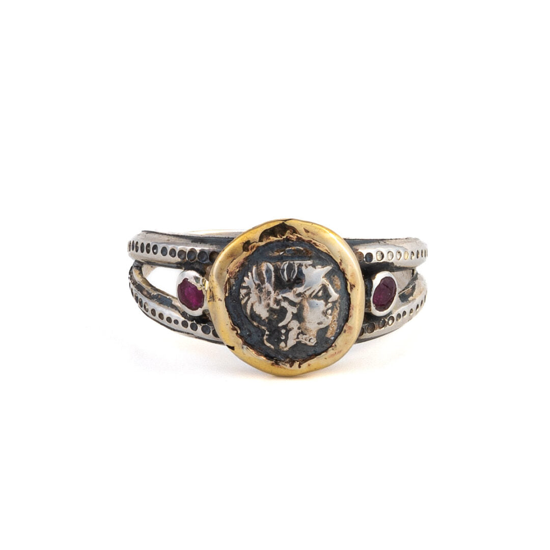 Goddess Athena Ring with Rubies - 14K Gold and Sterling Silver