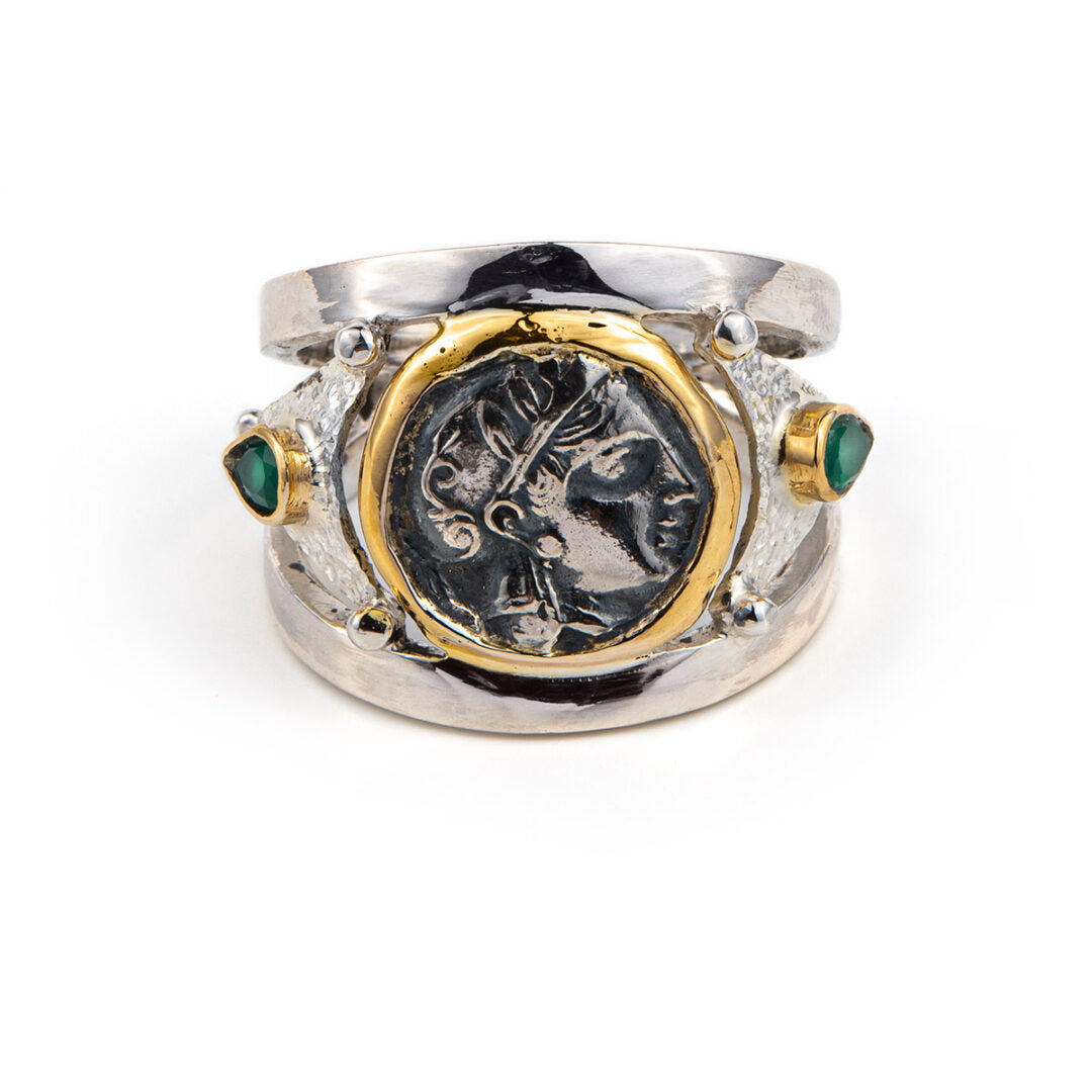 Goddess Athena Coin Ring with Emeralds - 14K Gold and 925 Sterling Silver