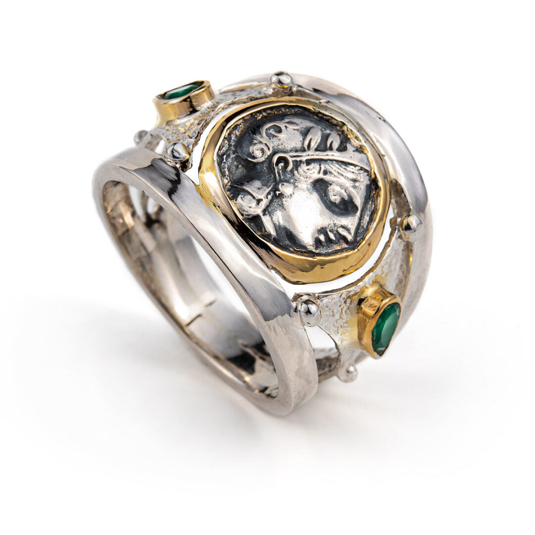 Goddess Athena Coin Ring with Emeralds - 14K Gold and 925 Sterling Silver