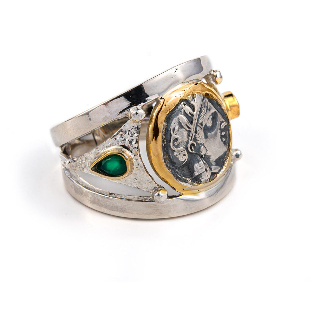 Goddess Athena Coin Ring with Emeralds - 14K Gold and 925 Sterling Silver