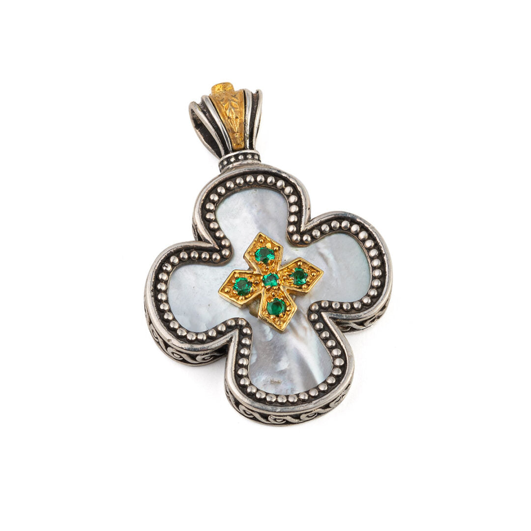 Gerochristo - Cross in sterling silver with Gold plated parts mother of pearl and zircons — Green