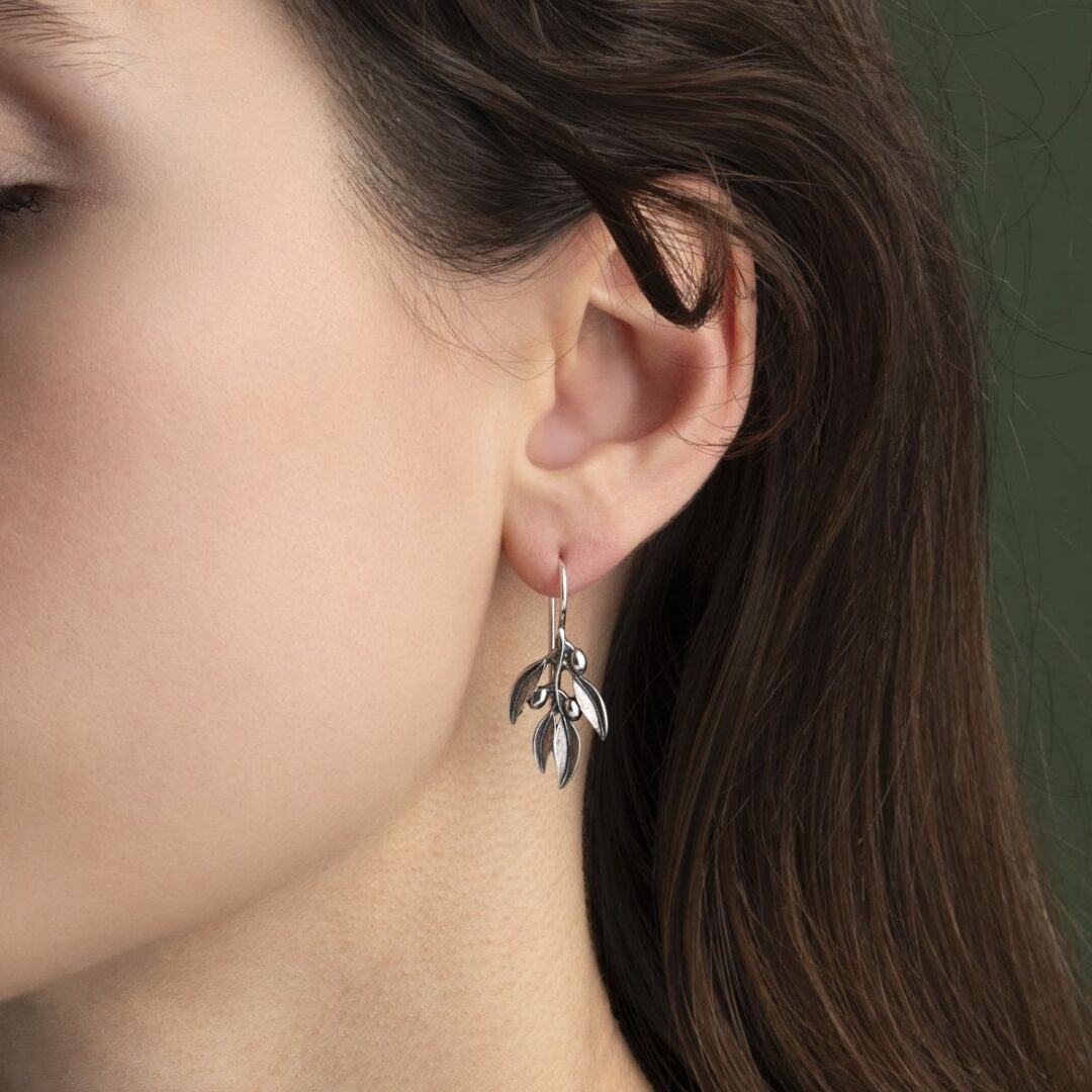 Greek Olive Dangle Earrings – Oxidized Silver 925