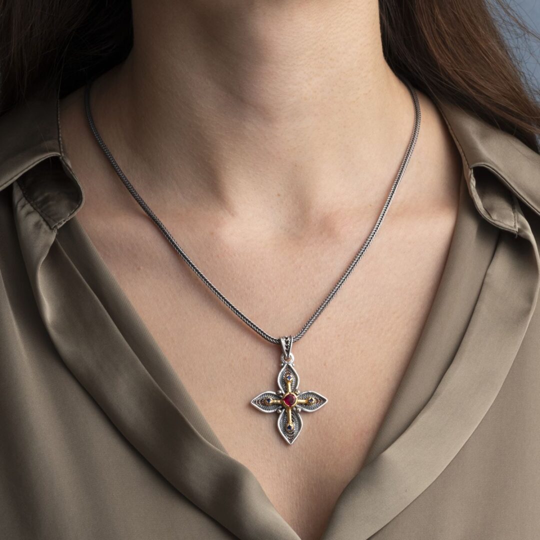 Oxidized & Gold Plated Cross Pendant – 925 Silver with Multicolor Zircons