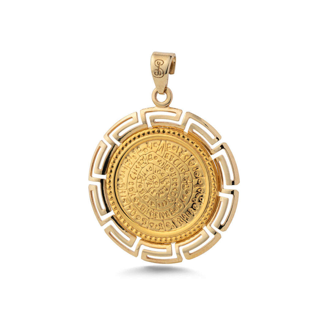 Phaistos Disc Pendant in 9K Gold with Meander Bezel