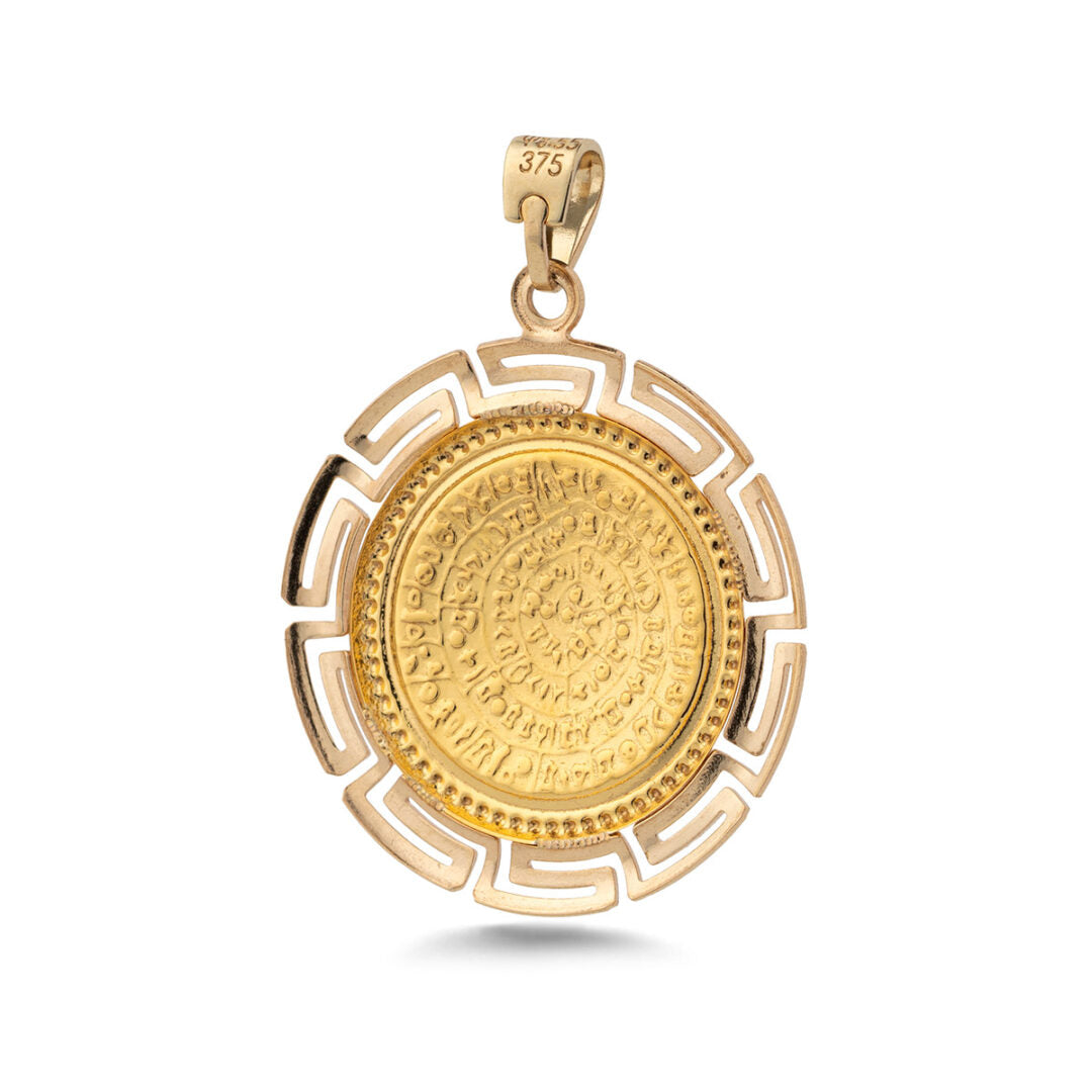 Phaistos Disc Pendant in Gold with Meander Bezel
