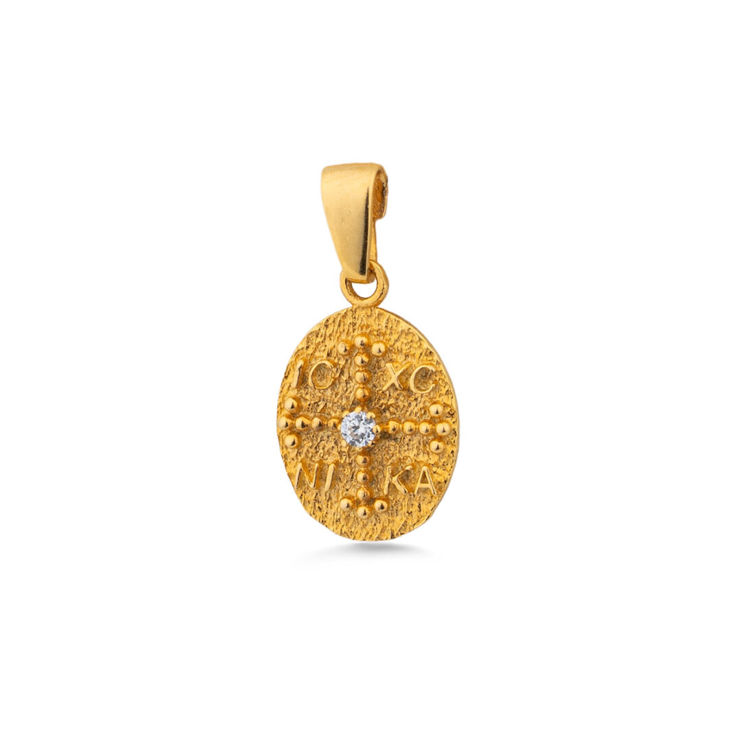 Double-sided Konstantinato IC XC NI KA Oval Pendant with Zircon – 14K Gold