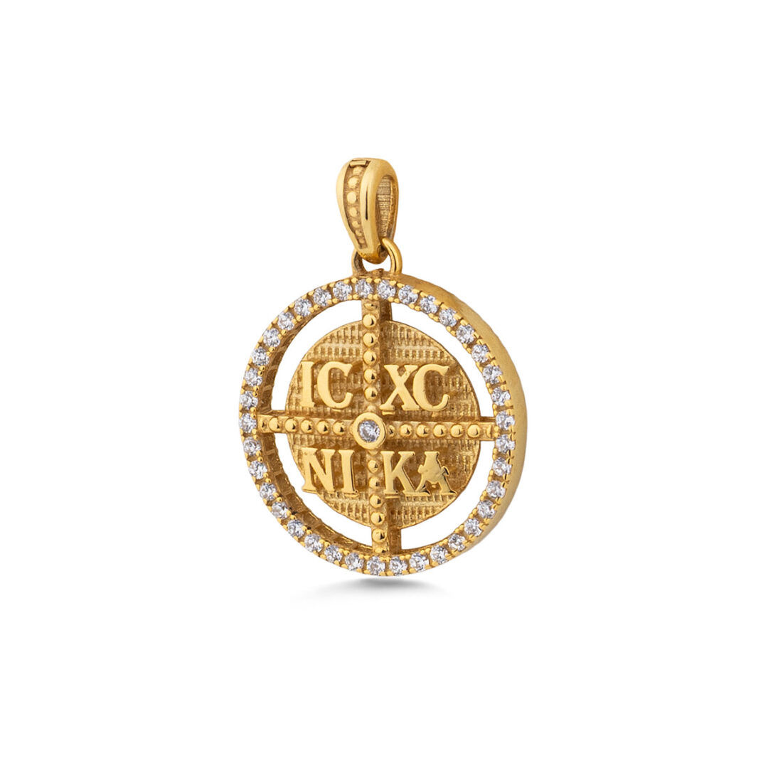Konstantinato IC XC NI KA Round Pendant with Zircon – 9K Gold
