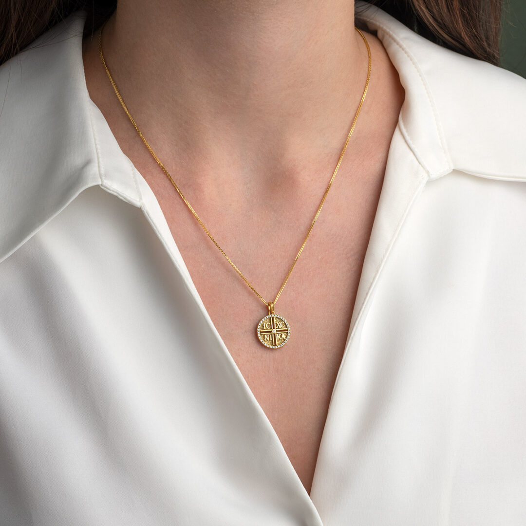9K Gold IC XC NIKA Orthodox Cross Pendant with Cubic Zirconia