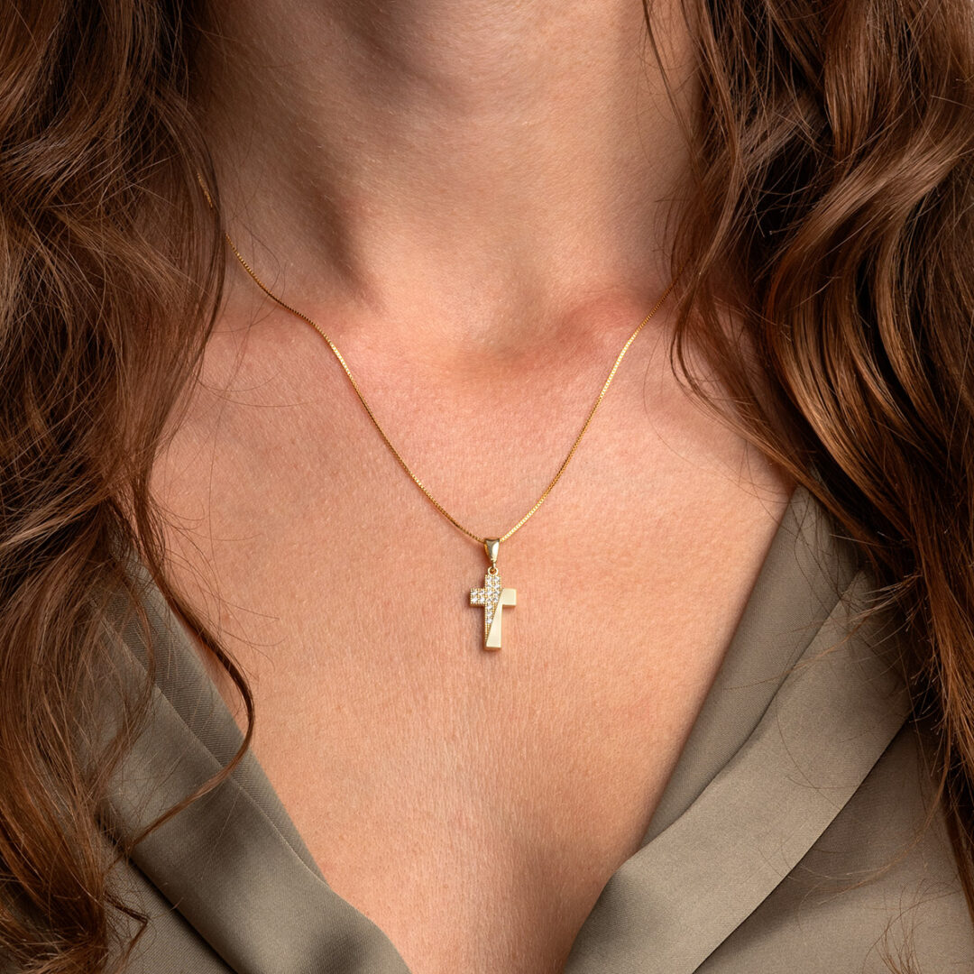 Gold Cross Pendant with Zircon Stones