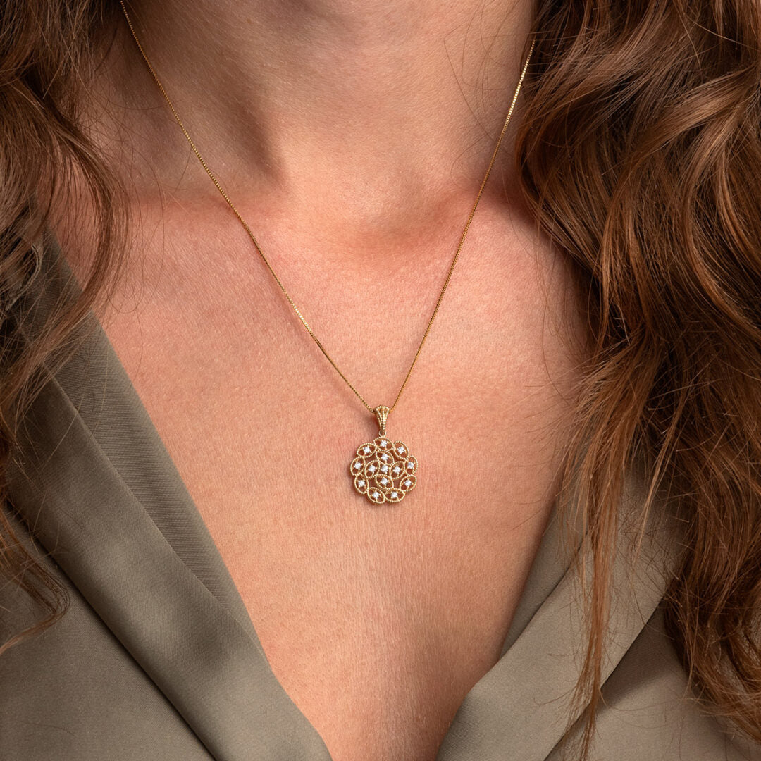 Byzantine Flower Pendant with Zircons – 14K Gold