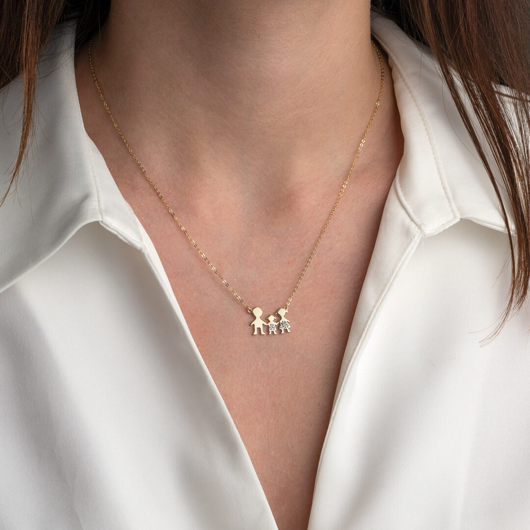 Family Necklace with Father Mother and Daughter Pendant - 9K Gold