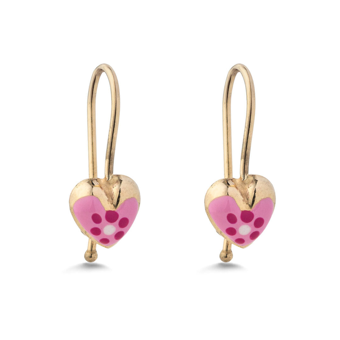 9K Gold Heart Earrings with Pink, Fuchsia & White Enamel