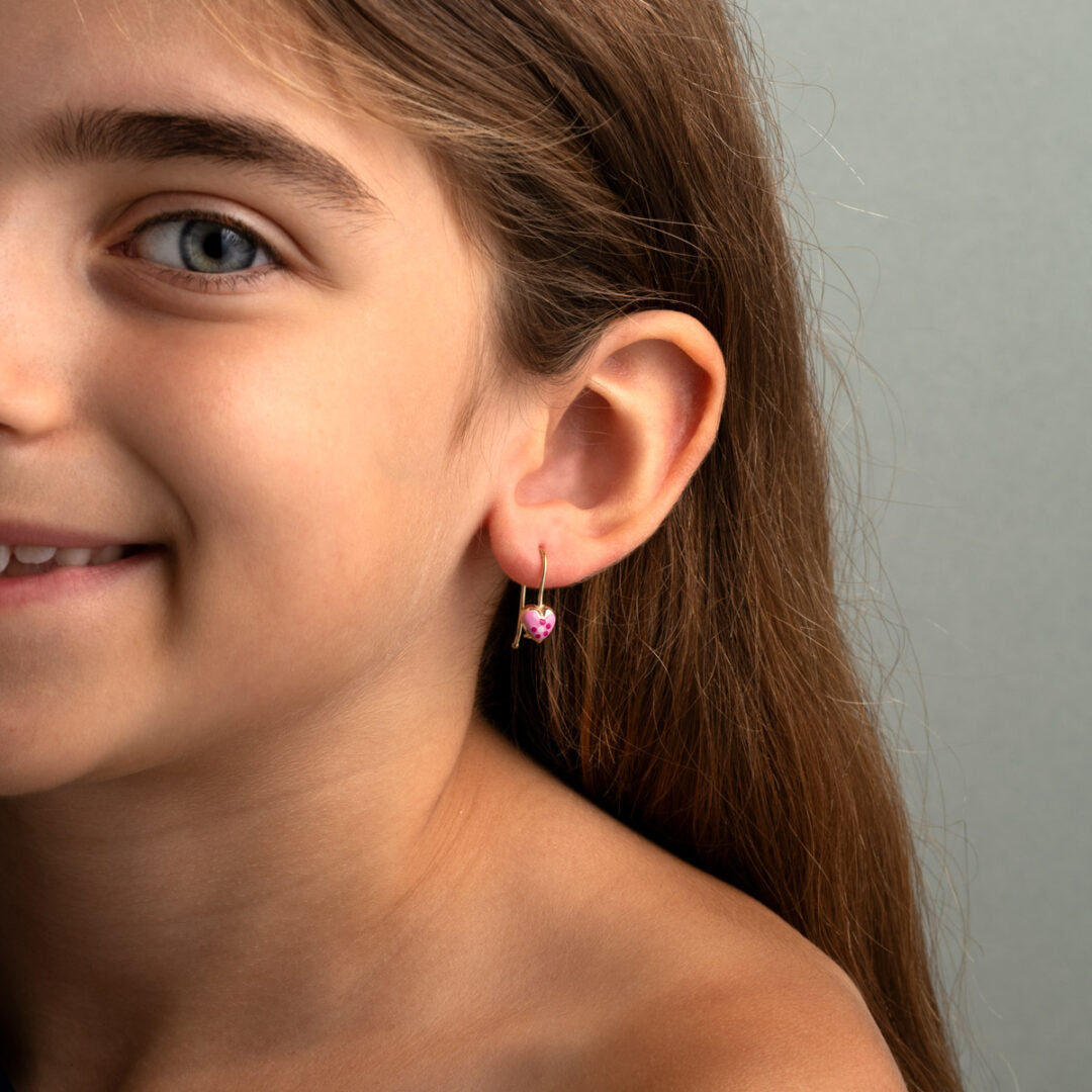 9K Gold Heart Earrings with Pink, Fuchsia & White Enamel
