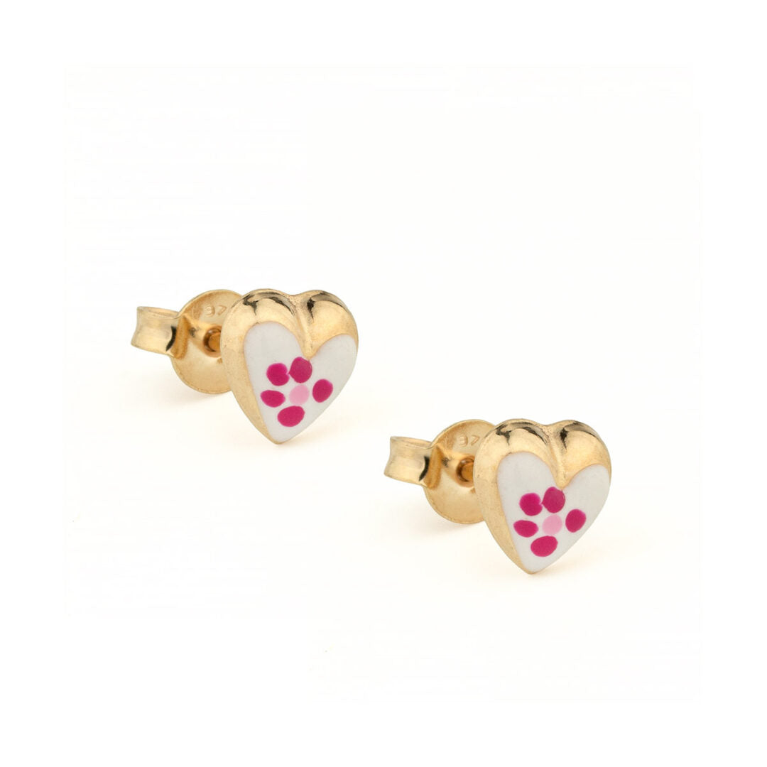 9K Gold Heart Flower Stud Earrings with Enamel