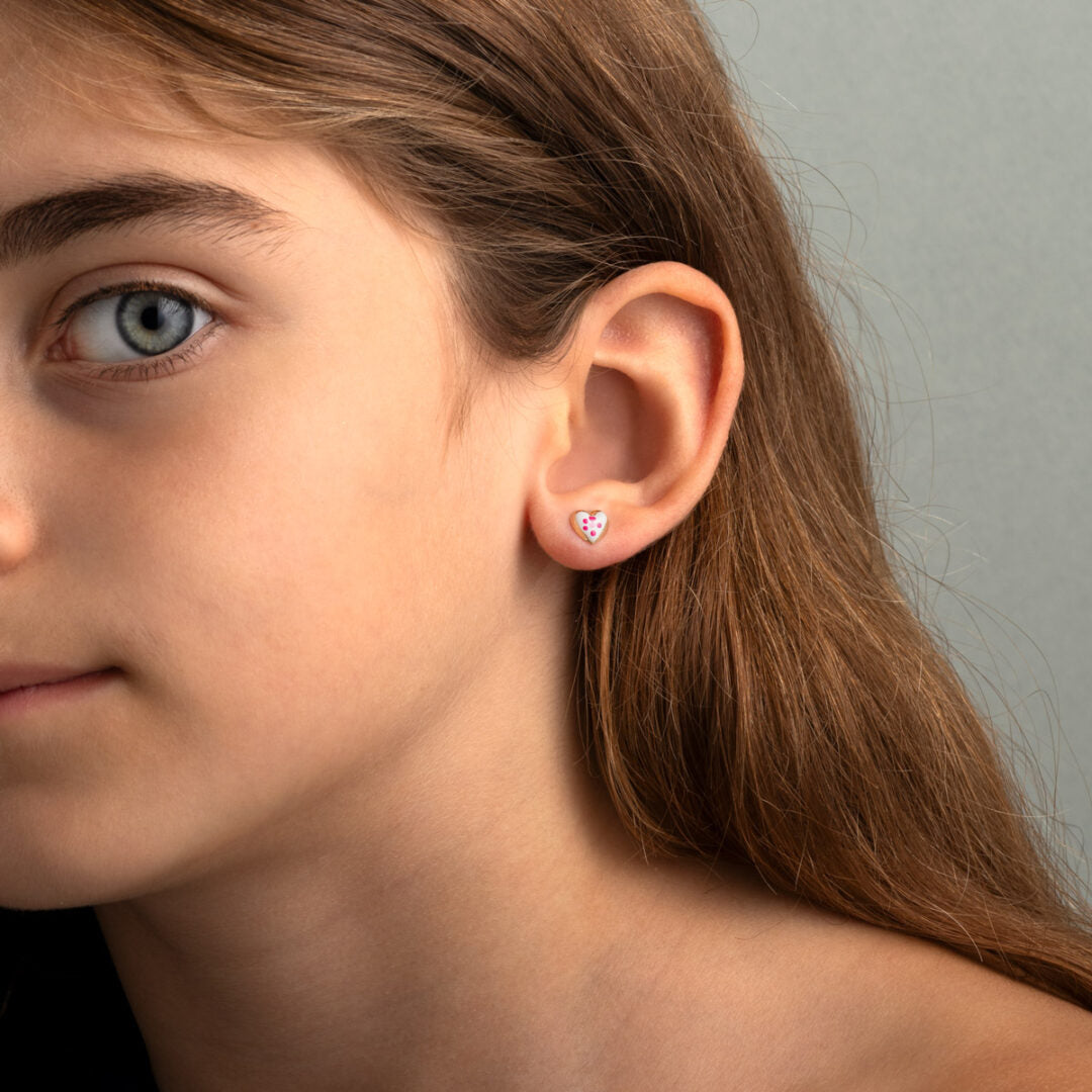 9K Gold Heart Flower Stud Earrings with Enamel