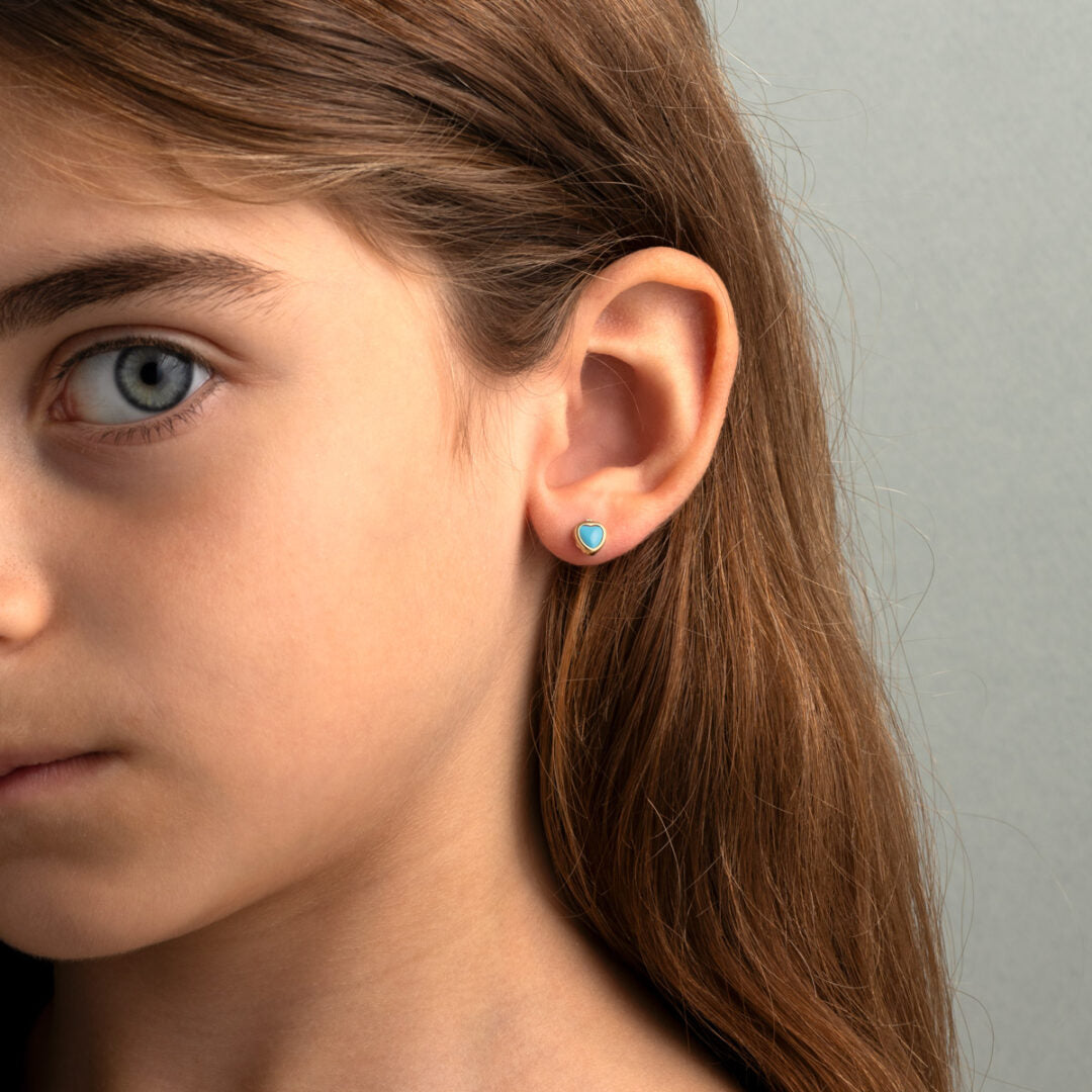 9K Gold Childrens Heart Earrings with Light Blue Turquoise.