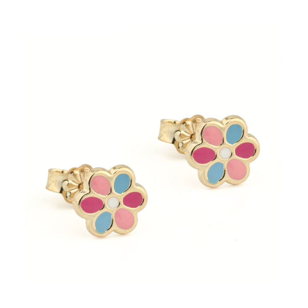 9K Gold Colorful Flower Enamel Stud Earrings for Children