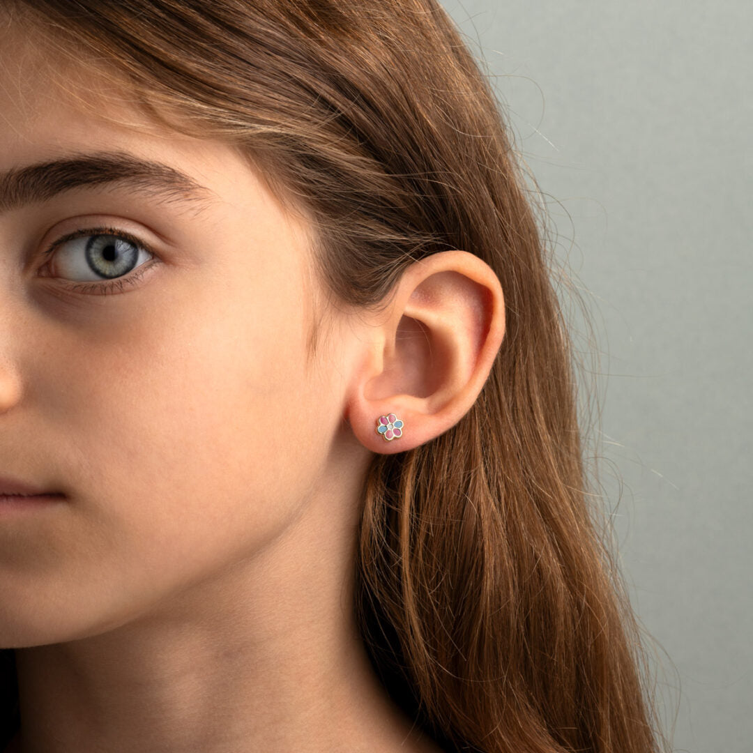 9K Gold Colorful Flower Enamel Stud Earrings for Children