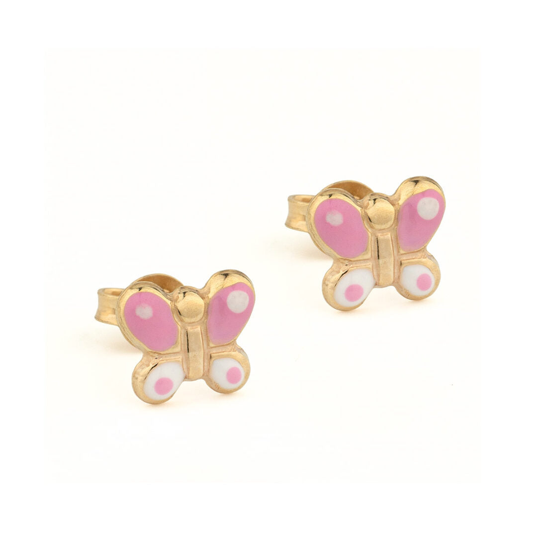 9K Gold Pink Butterfly Enamel Stud Earrings for Children