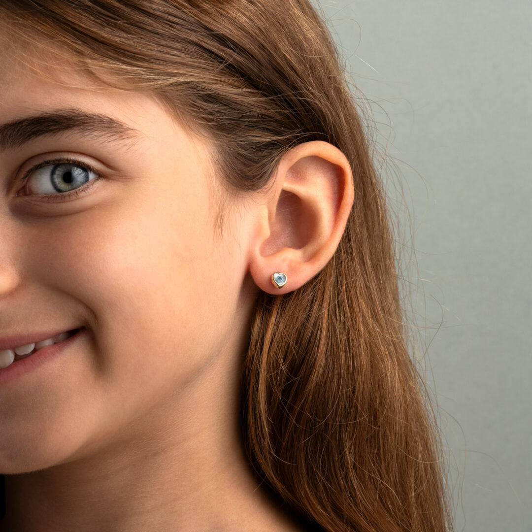 Children's 9K Gold Eye Heart Stud Earrings with Fildisi