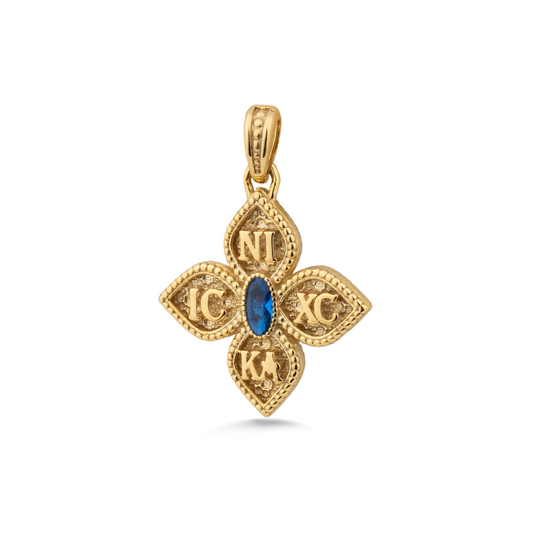 9K Yellow Gold Byzantine Orthodox Cross Pendant – IC XC NIKA Design — Blue