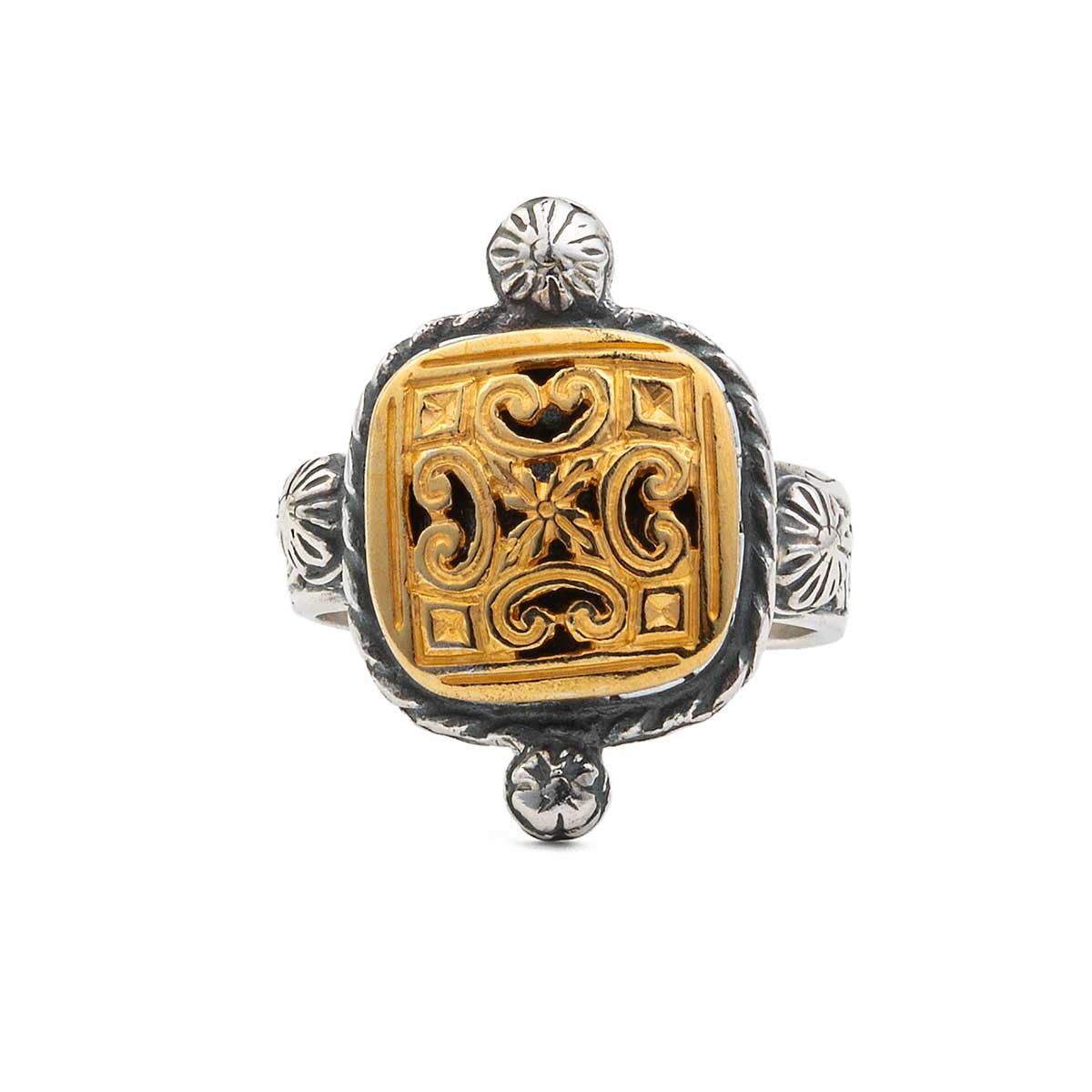 Vintage Square Traditional Flower Ring 925 Silver and Gold Plated