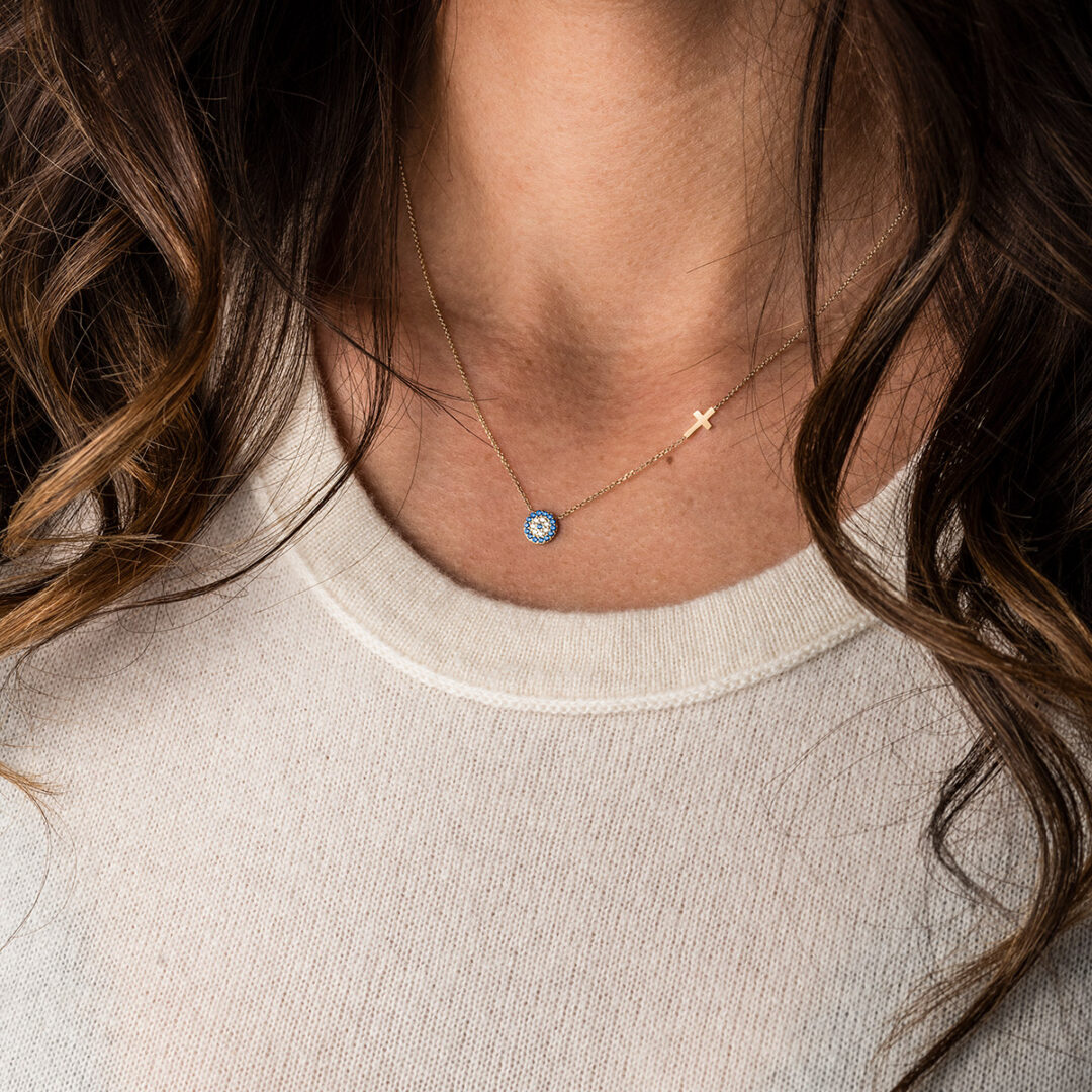 9K Yellow Gold - Eye Necklace with cross and zircon