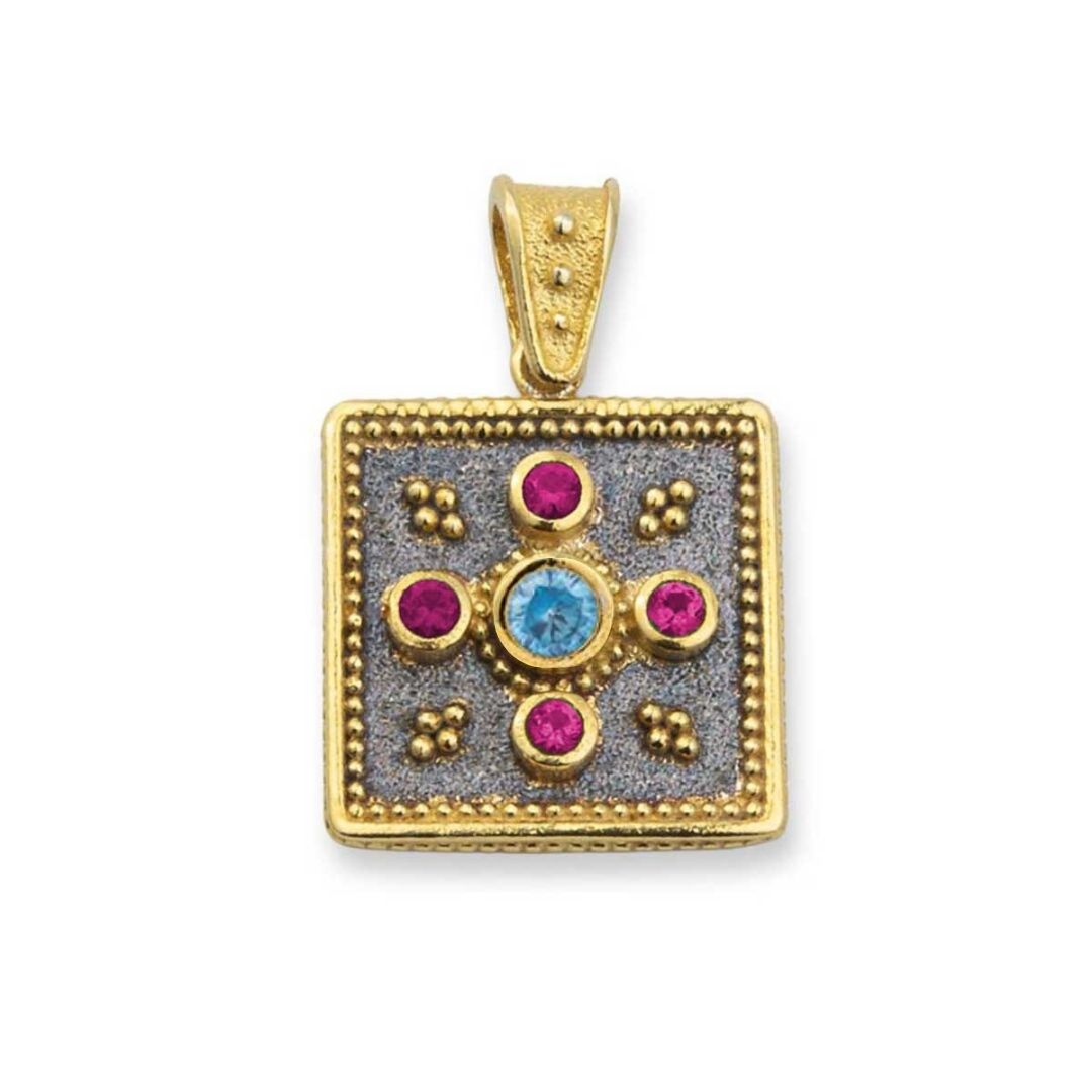 Byzantine Square Pendant with Multicolor Zircon Stone