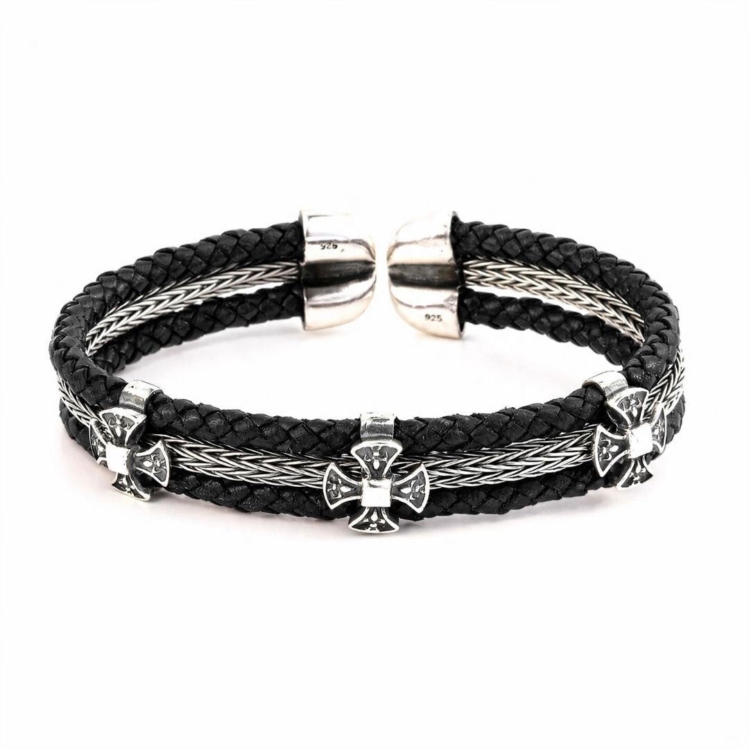 Cross Leather Bracelet - 925 Sterling Slver — Black