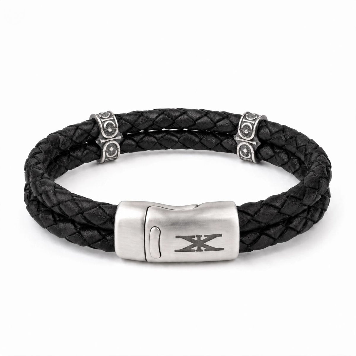 Sterling Silver Leather Bracelet with Axion motif washers — Black