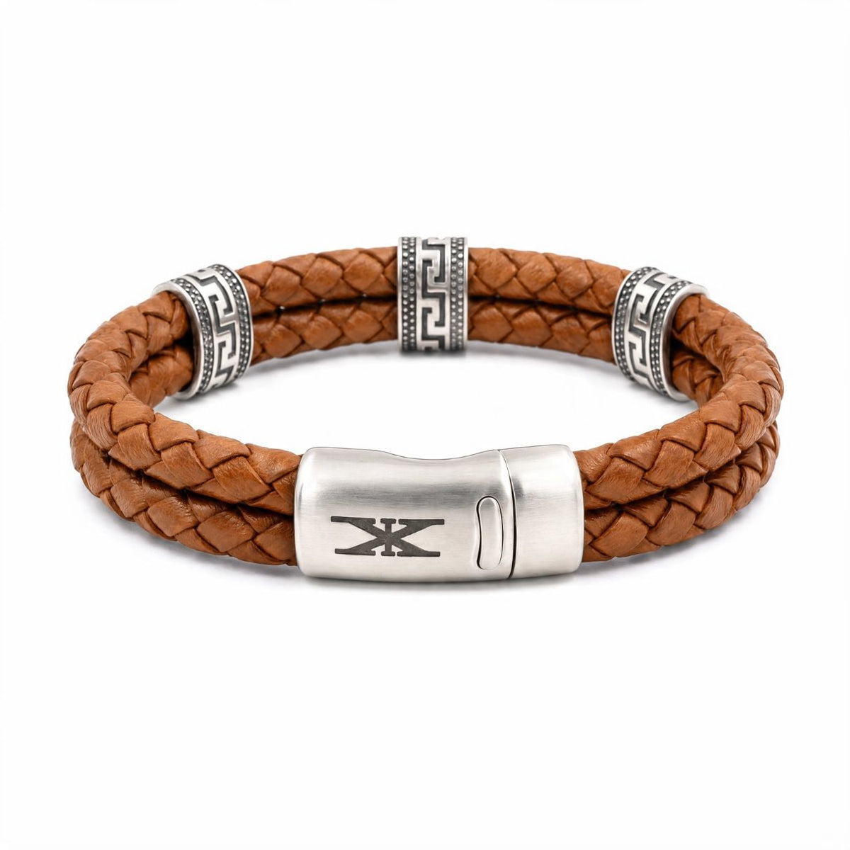 Greek key Leather Bracelet - Sterling Silver — Brown