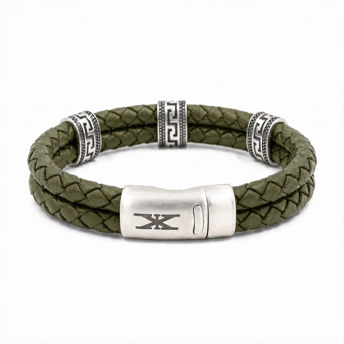 Greek key Leather Bracelet - Sterling Silver — Haki