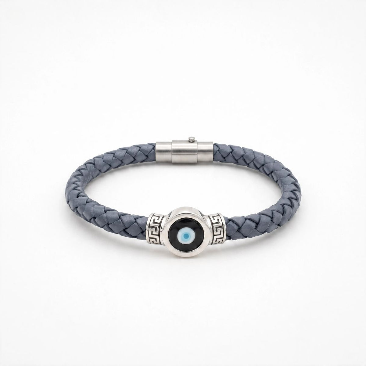 Evil Eye Leather Bracelet with Greek Key - 925 Sterling Silver — Blue