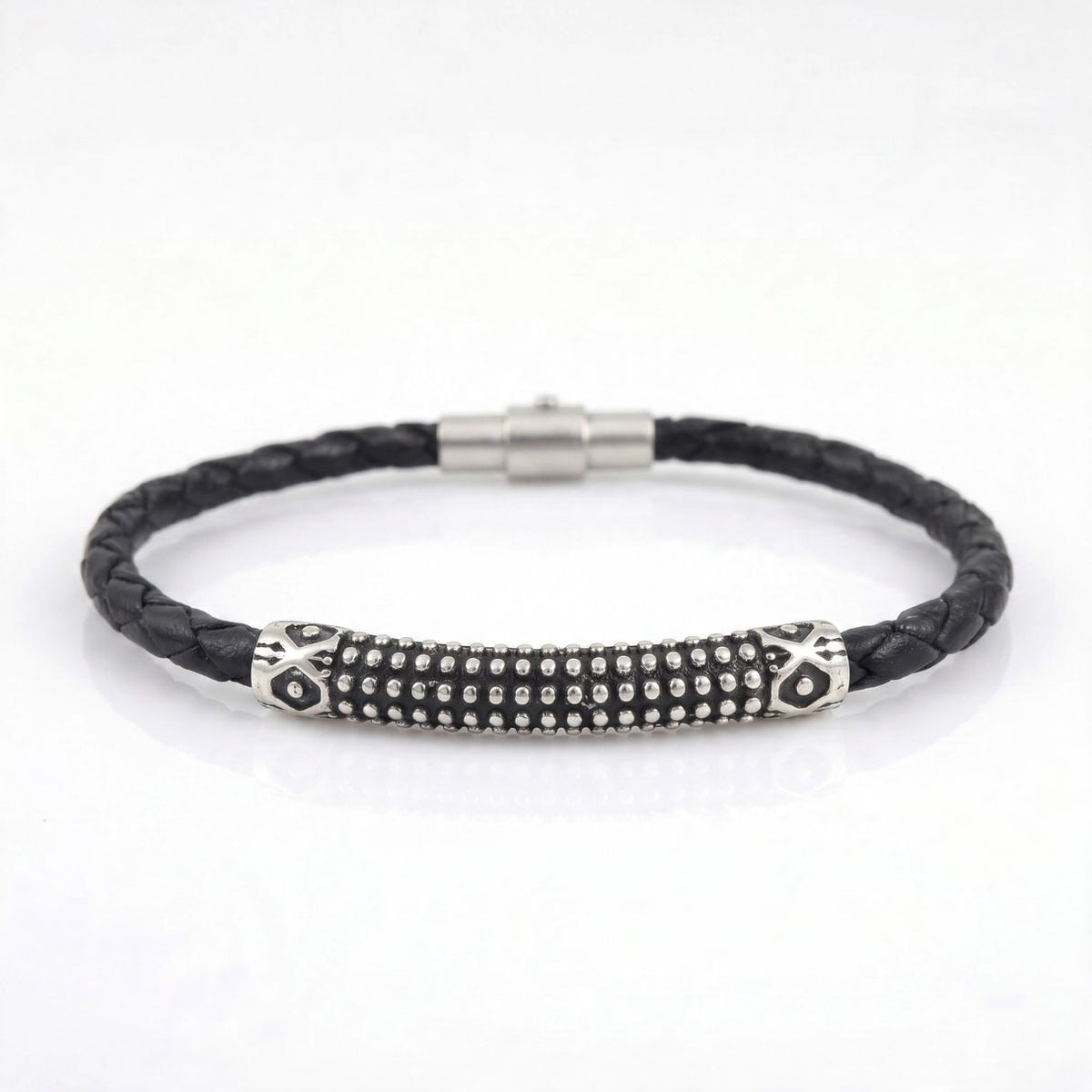 Sterling Silver Leather Sea Urchin Bracelet — Black