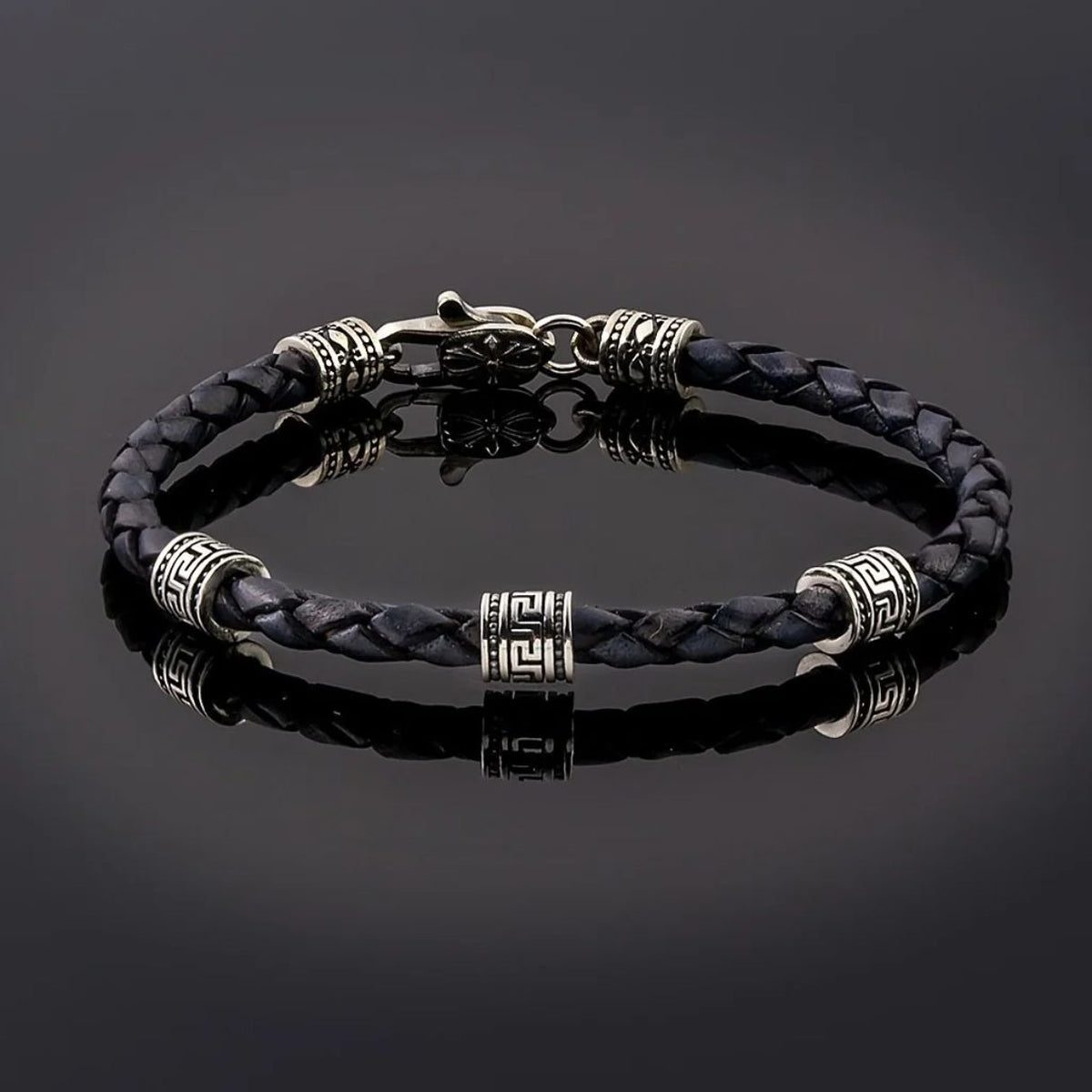 Greek Key Bracelet - Sterling Silver and Braided Genuine Leather — Blue