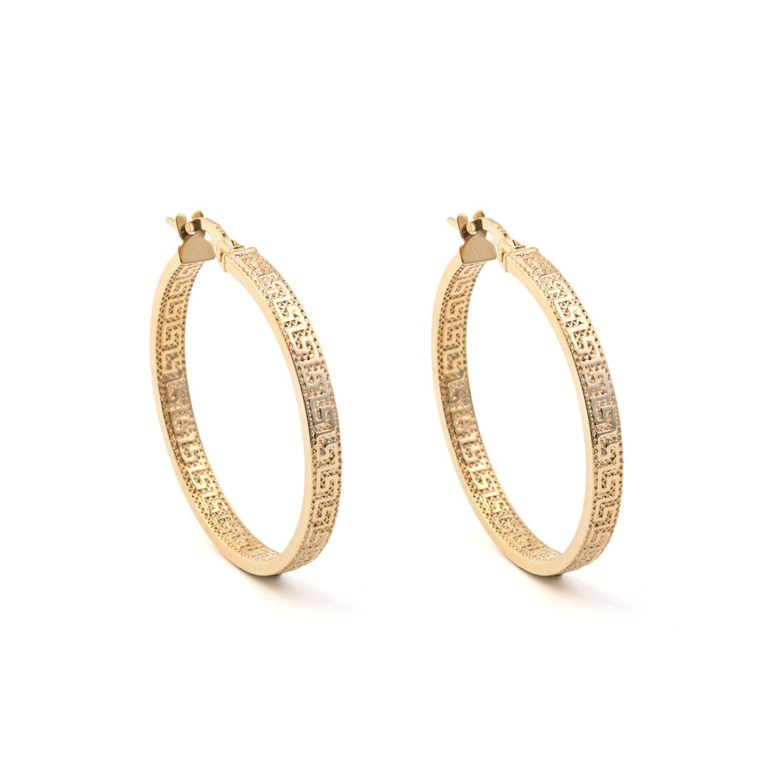 Greek Key Hoop Earrings - 14K Solid Gold