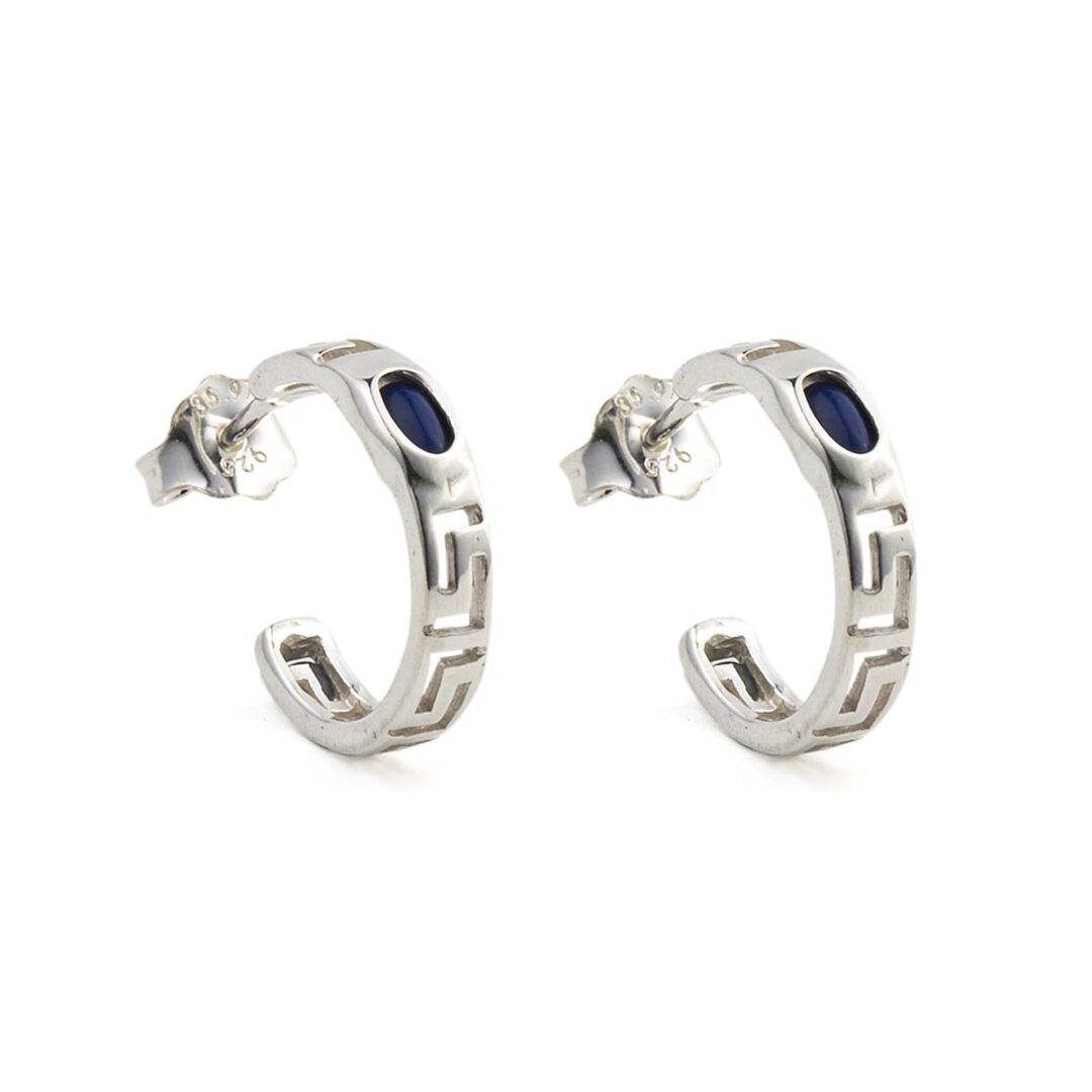 Greek Key Silver Hoop Earrings with Stone