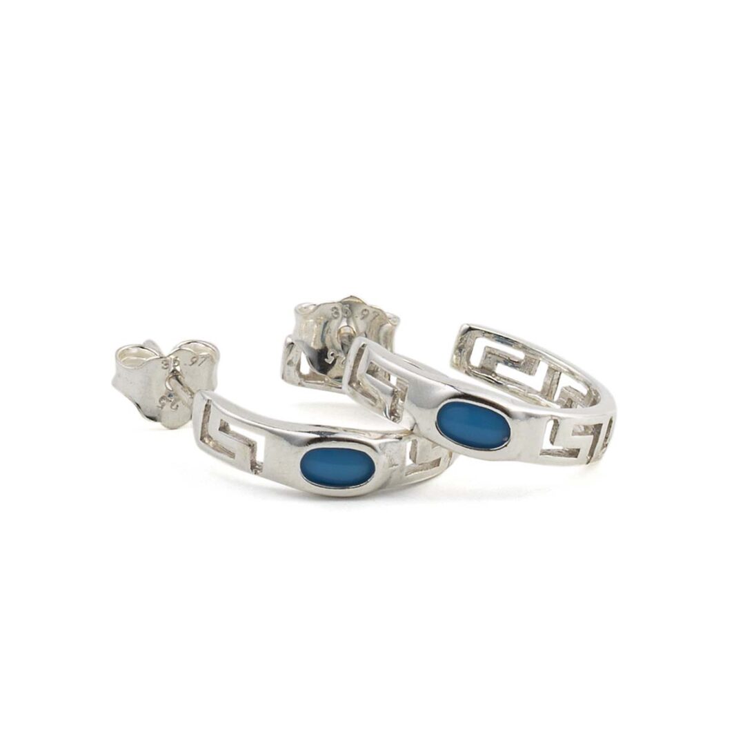 Greek Key Silver Hoop Earrings with Stone