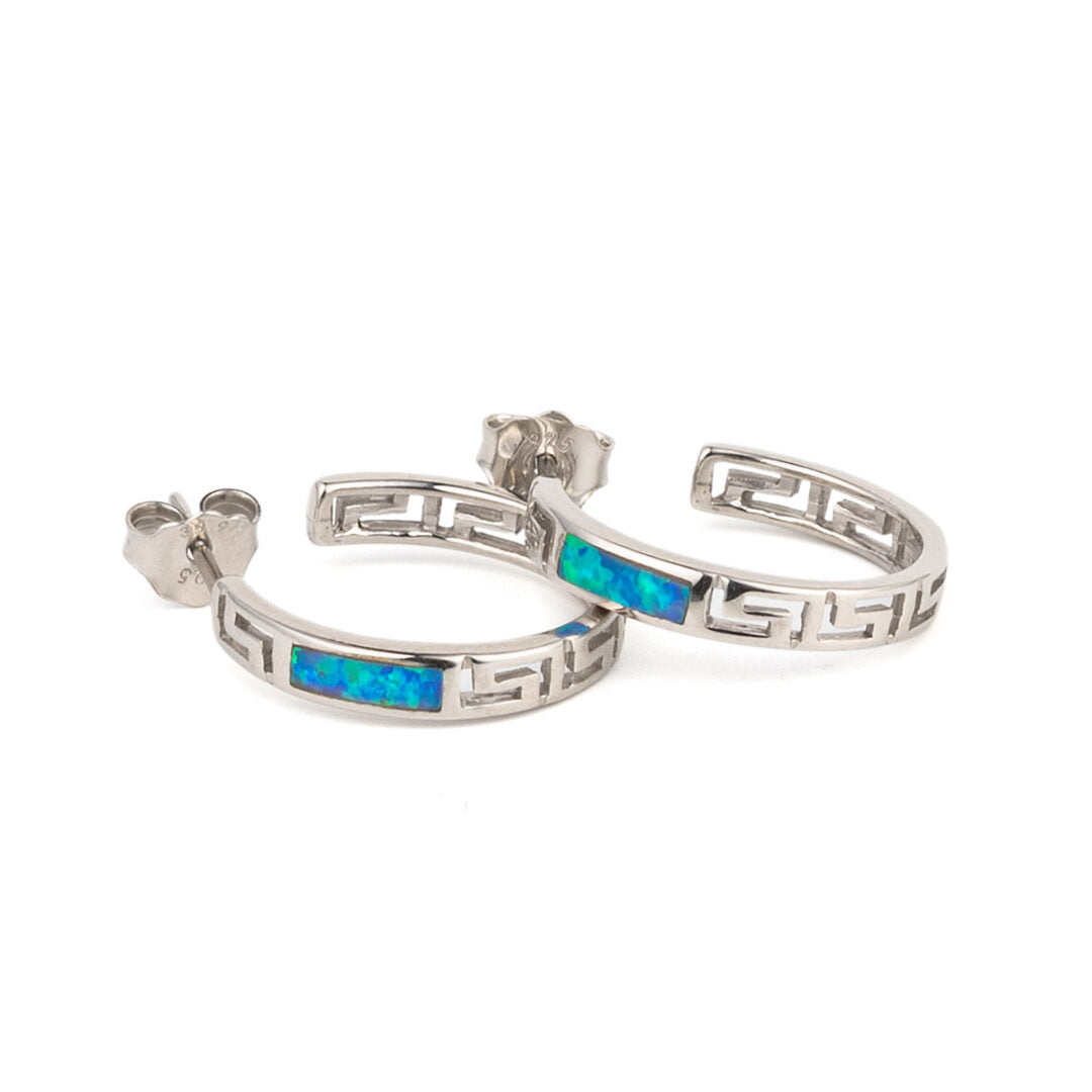 Greek Key Hoop Opal Earrings in 925 Sterling Silver